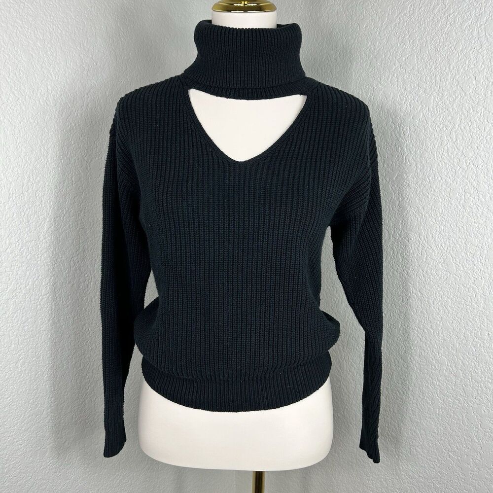 Bar III Women's Black V-Neck Cut-Out Rib Turtleneck Sweater Long Sleeve Size XS